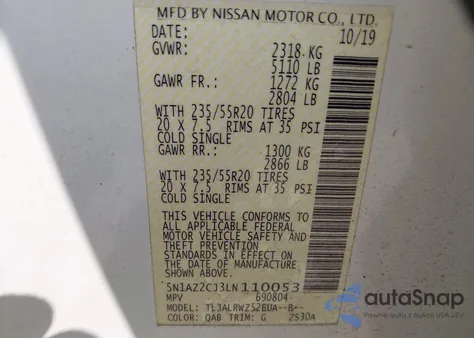 2020 Nissan Murano Sl Fwd z USA, uszkodzony, nr VIN 5N1AZ2CJ3LN110053